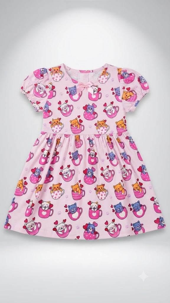 Cute Cats in Mugs Print A-Line Baby Dress - Pink